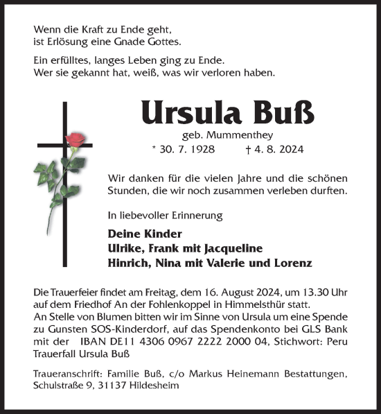 Traueranzeige von Ursula Buß von Hildesheimer Allgemeine Zeitung