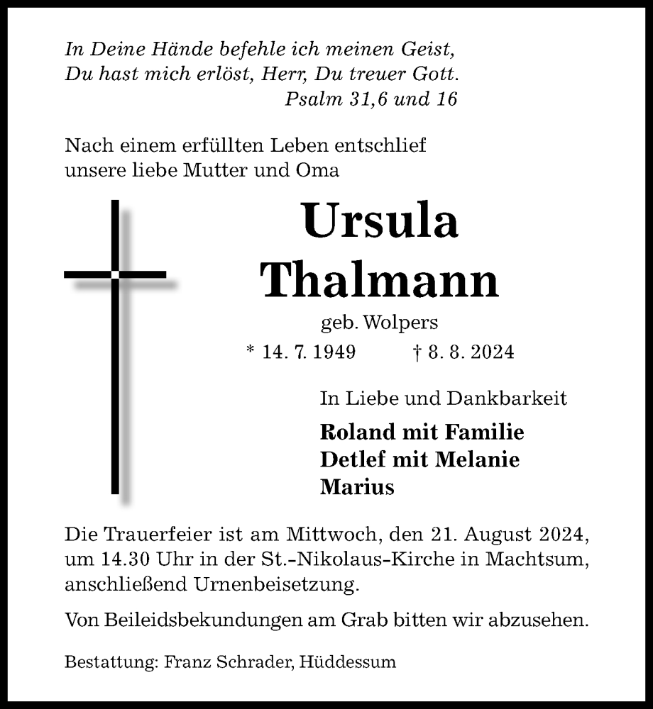  Traueranzeige für Ursula Thalmann vom 14.08.2024 aus Hildesheimer Allgemeine Zeitung