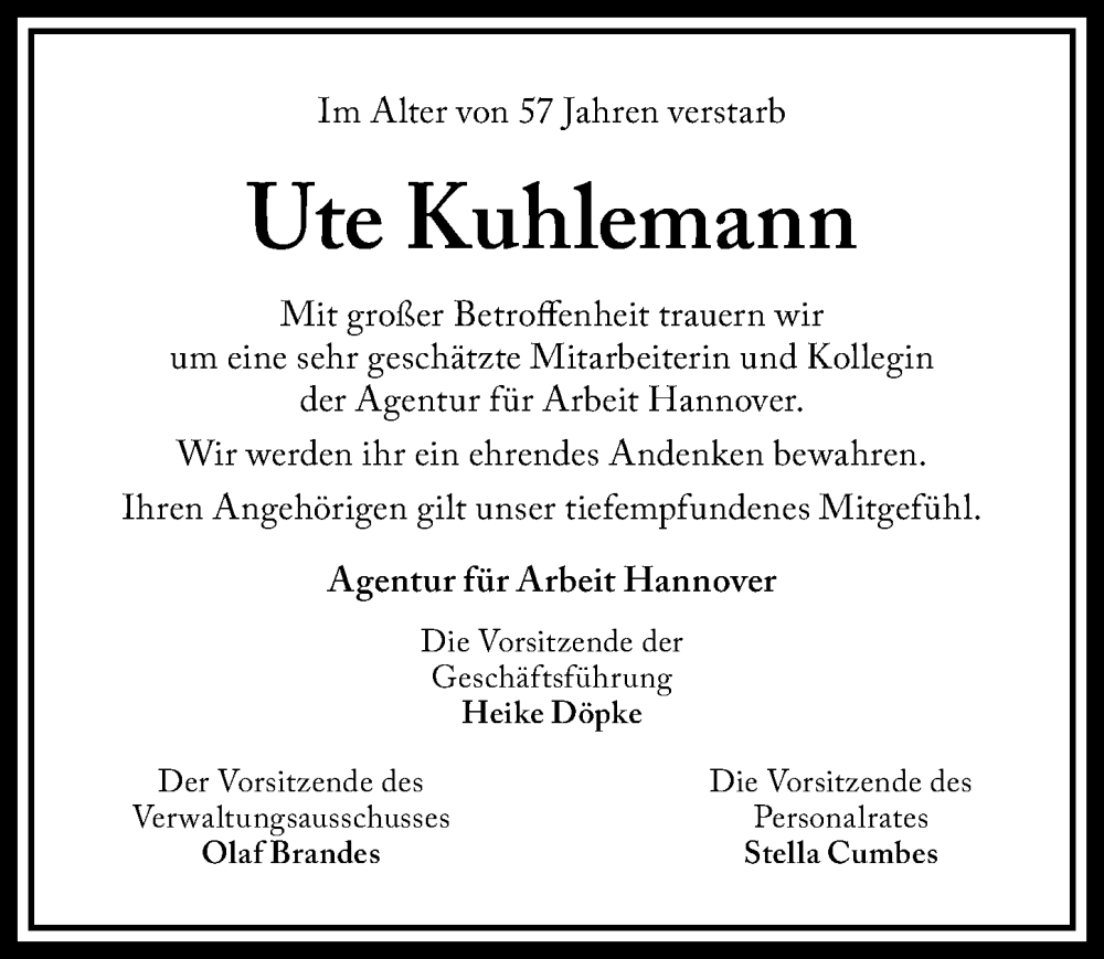  Traueranzeige für Ute Kuhlemann vom 10.08.2024 aus Hildesheimer Allgemeine Zeitung