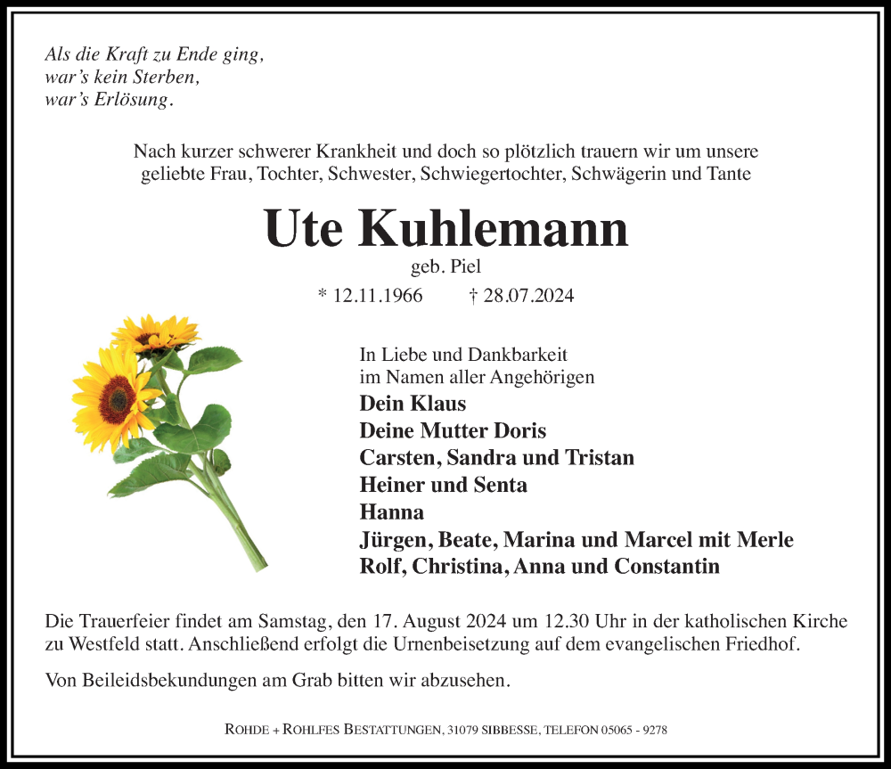  Traueranzeige für Ute Kuhlemann vom 10.08.2024 aus Hildesheimer Allgemeine Zeitung