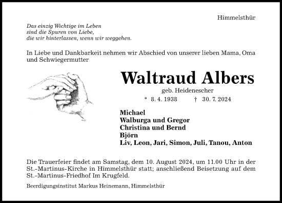 Traueranzeige von Waltraud Albers von Hildesheimer Allgemeine Zeitung