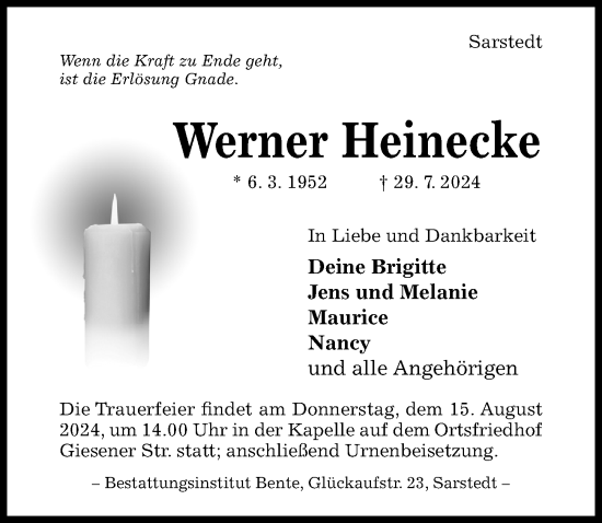 Traueranzeige von Werner Heinecke von Hildesheimer Allgemeine Zeitung