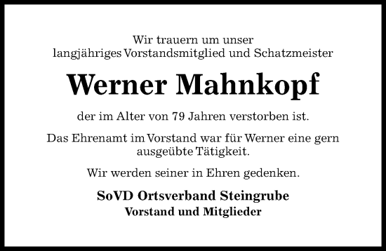 Traueranzeige von Werner Mahnkopf von Hildesheimer Allgemeine Zeitung