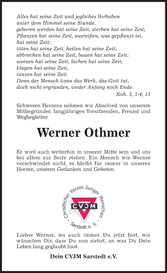 Traueranzeige von Werner Othmer von Hildesheimer Allgemeine Zeitung