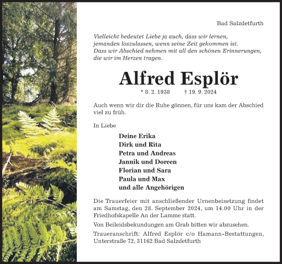 Traueranzeige von Alfred Esplör von Hildesheimer Allgemeine Zeitung