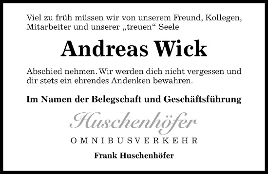 Traueranzeige von Andreas Wick von Hildesheimer Allgemeine Zeitung