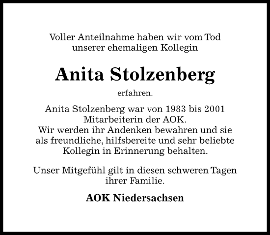 Traueranzeige von Anita Stolzenberg von Hildesheimer Allgemeine Zeitung