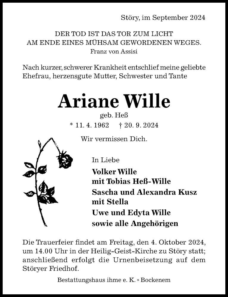  Traueranzeige für Ariane Wille vom 25.09.2024 aus Hildesheimer Allgemeine Zeitung