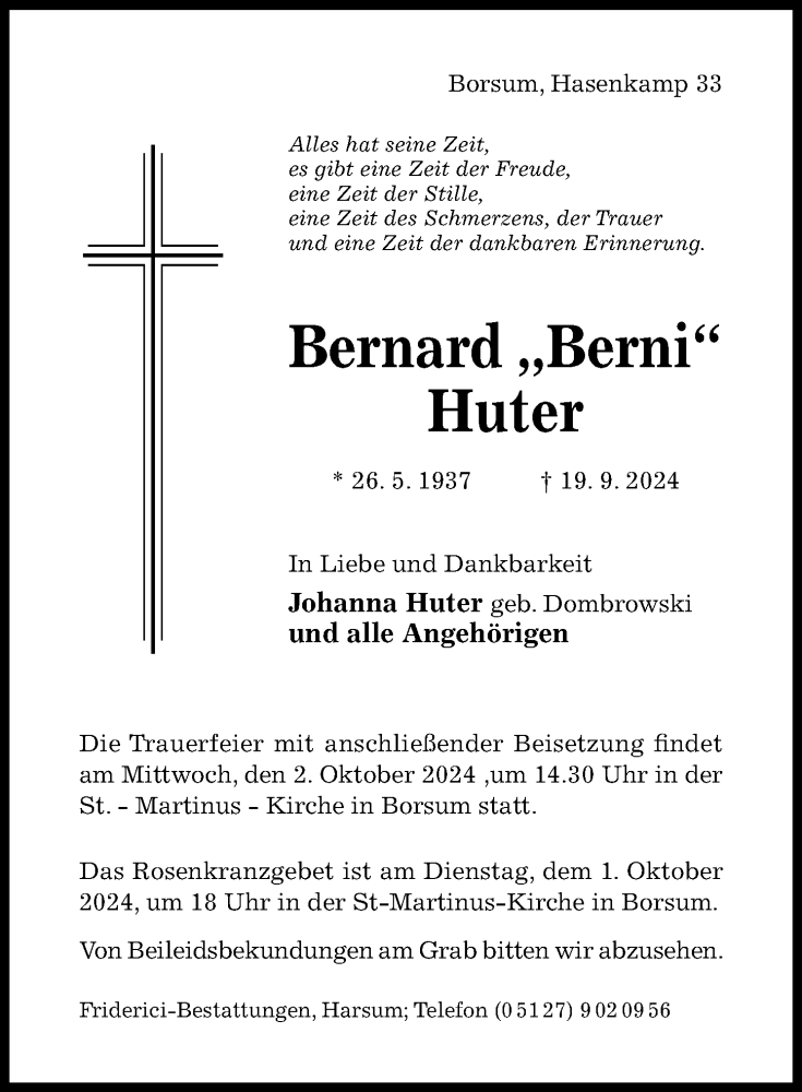  Traueranzeige für Bernard Huter vom 28.09.2024 aus Hildesheimer Allgemeine Zeitung