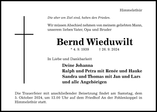 Traueranzeige von Bernd Wieduwilt von Hildesheimer Allgemeine Zeitung