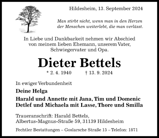 Traueranzeige von Dieter Bettels von Hildesheimer Allgemeine Zeitung