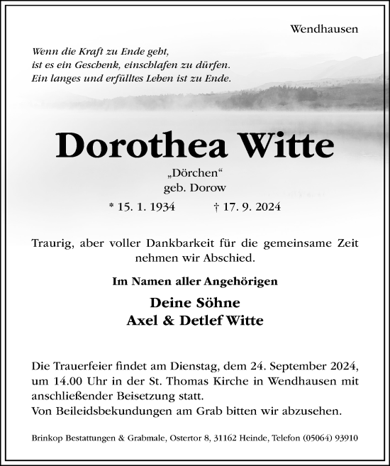 Traueranzeige von Dorothea Witte von Hildesheimer Allgemeine Zeitung