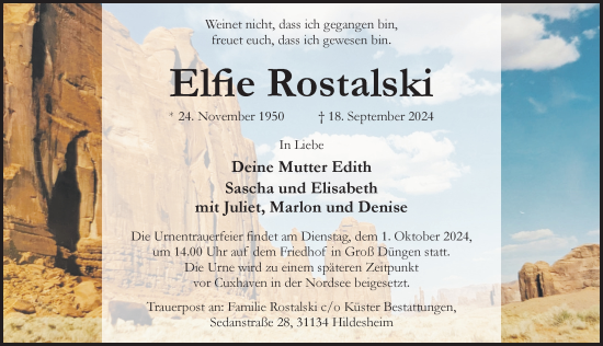 Traueranzeige von Elfie Rostalski von Hildesheimer Allgemeine Zeitung