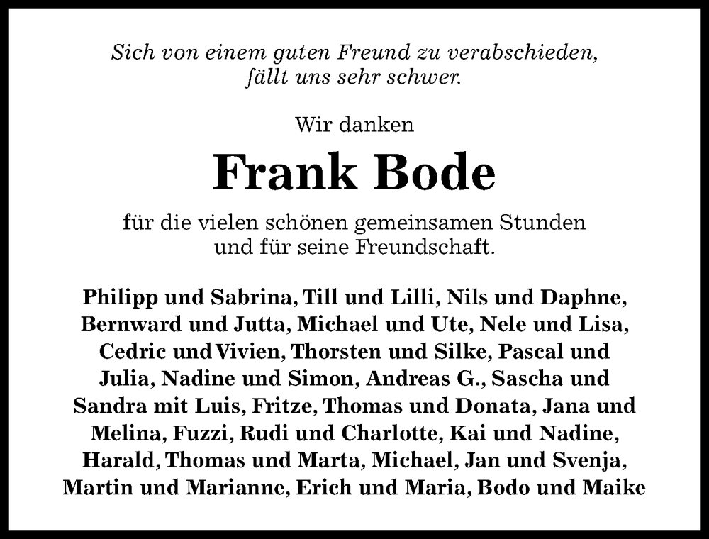  Traueranzeige für Frank Bode vom 12.09.2024 aus Hildesheimer Allgemeine Zeitung