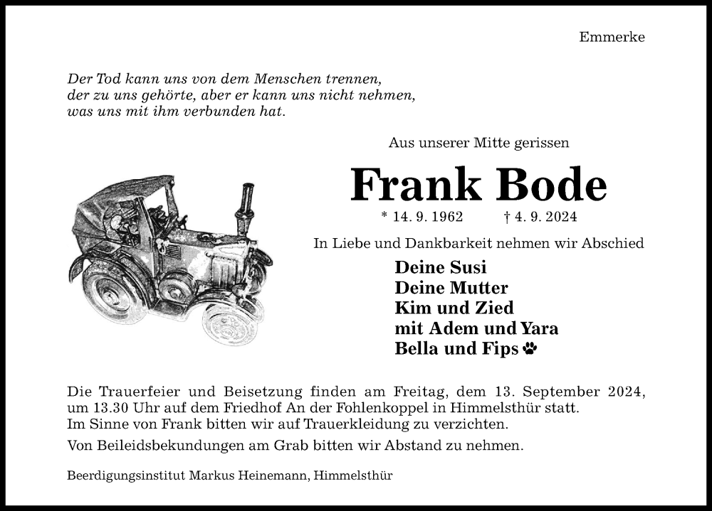  Traueranzeige für Frank Bode vom 07.09.2024 aus Hildesheimer Allgemeine Zeitung