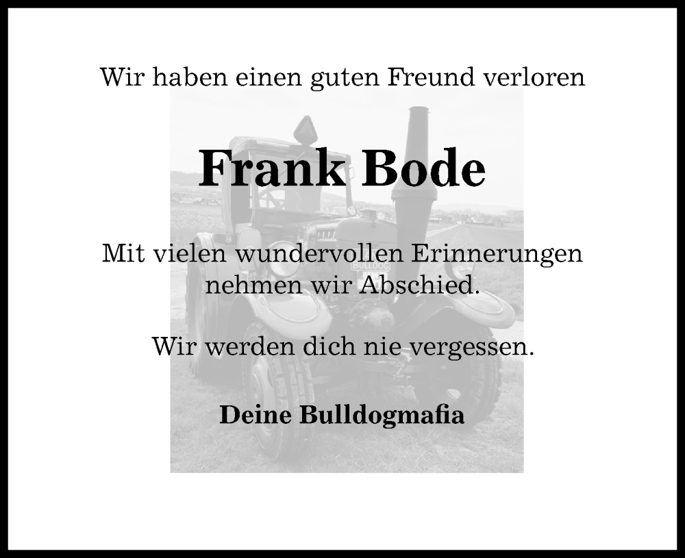  Traueranzeige für Frank Bode vom 07.09.2024 aus Hildesheimer Allgemeine Zeitung