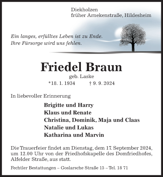 Traueranzeige von Friedel Braun von Hildesheimer Allgemeine Zeitung