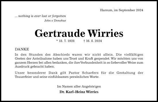 Traueranzeige von Gertraude Wirries von Hildesheimer Allgemeine Zeitung