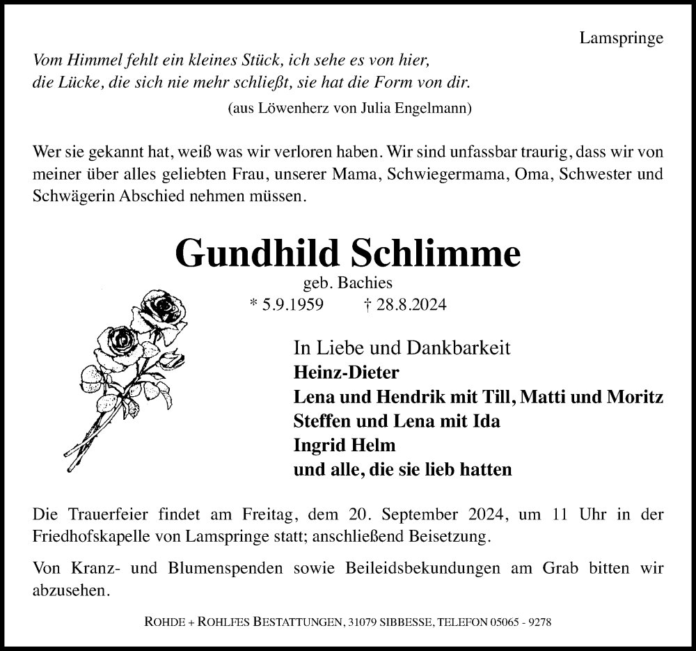  Traueranzeige für Gundhild Schlimme vom 11.09.2024 aus Hildesheimer Allgemeine Zeitung