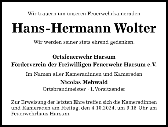 Traueranzeige von Hans-Hermann Wolter von Hildesheimer Allgemeine Zeitung