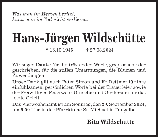 Traueranzeige von Hans-Jürgen Wildschütte von Hildesheimer Allgemeine Zeitung