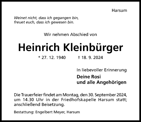 Traueranzeige von Heinrich Kleinbürger von Hildesheimer Allgemeine Zeitung