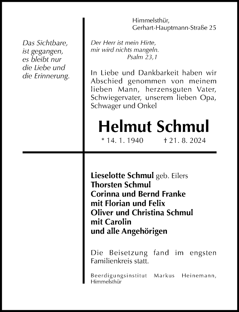  Traueranzeige für Helmut Schmul vom 07.09.2024 aus Hildesheimer Allgemeine Zeitung