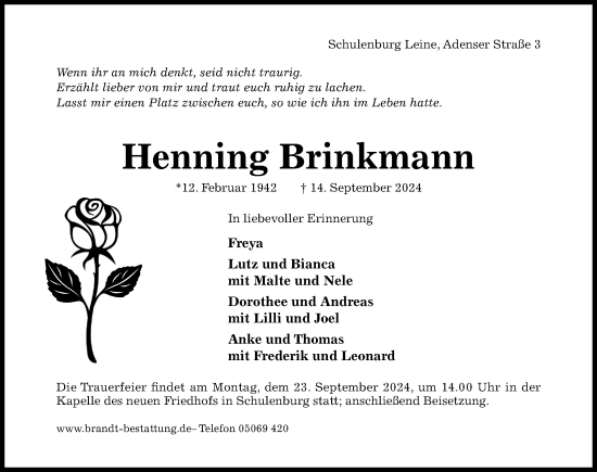 Traueranzeige von Henning Brinkmann von Hildesheimer Allgemeine Zeitung