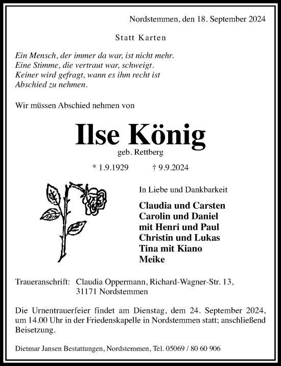 Traueranzeige von Ilse König von Hildesheimer Allgemeine Zeitung