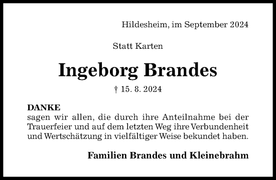 Traueranzeige von Ingeborg Brandes von Hildesheimer Allgemeine Zeitung