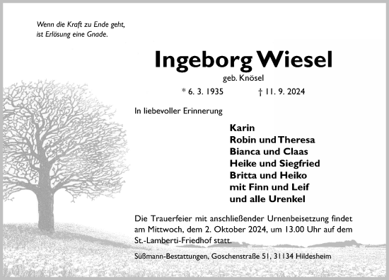 Traueranzeige von Ingeborg Wiesel von Hildesheimer Allgemeine Zeitung