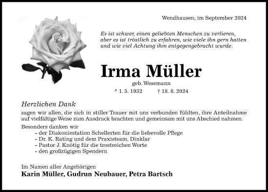 Traueranzeige von Irma Müller von Hildesheimer Allgemeine Zeitung