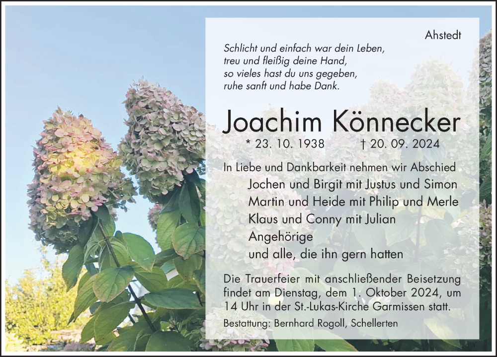  Traueranzeige für Joachim Könnecker vom 25.09.2024 aus Hildesheimer Allgemeine Zeitung