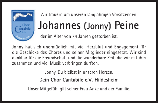 Traueranzeige von Johannes Peine von Hildesheimer Allgemeine Zeitung