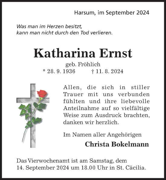 Traueranzeige von Katharina Ernst von Hildesheimer Allgemeine Zeitung