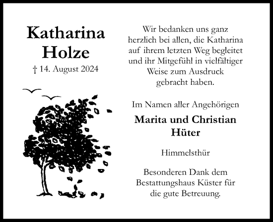 Traueranzeige von Katharina Holze von Hildesheimer Allgemeine Zeitung