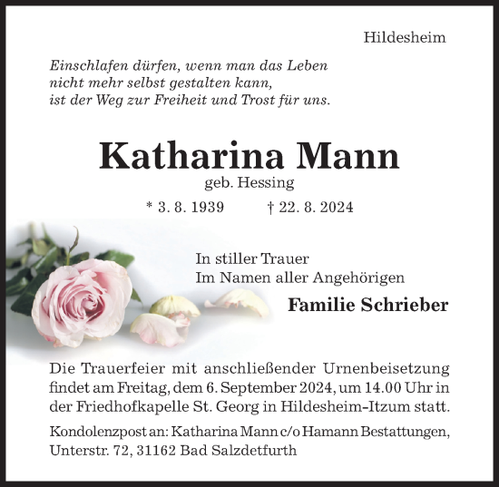 Traueranzeige von Katharina Mann von Hildesheimer Allgemeine Zeitung