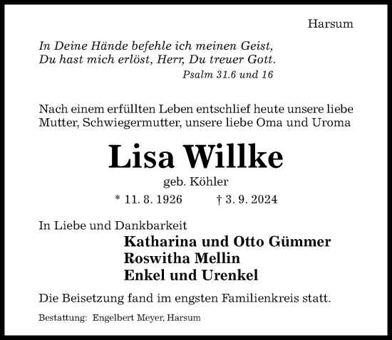 Traueranzeige von Lisa Willke von Hildesheimer Allgemeine Zeitung