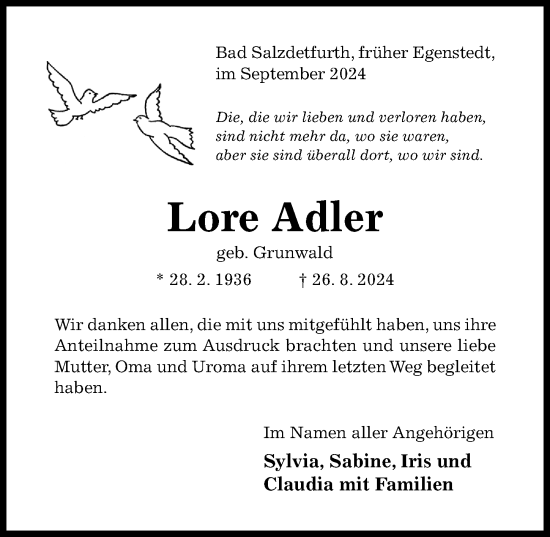 Traueranzeige von Lore Adler von Hildesheimer Allgemeine Zeitung