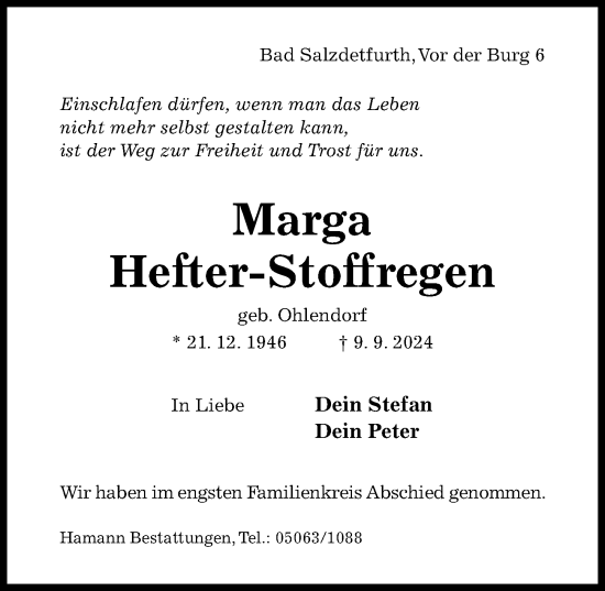 Traueranzeige von Marga Hefter-Stoffregen von Hildesheimer Allgemeine Zeitung