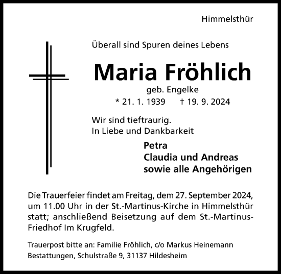 Traueranzeige von Maria Fröhlich von Hildesheimer Allgemeine Zeitung