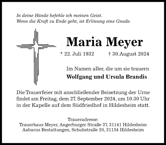 Traueranzeige von Maria Meyer von Hildesheimer Allgemeine Zeitung