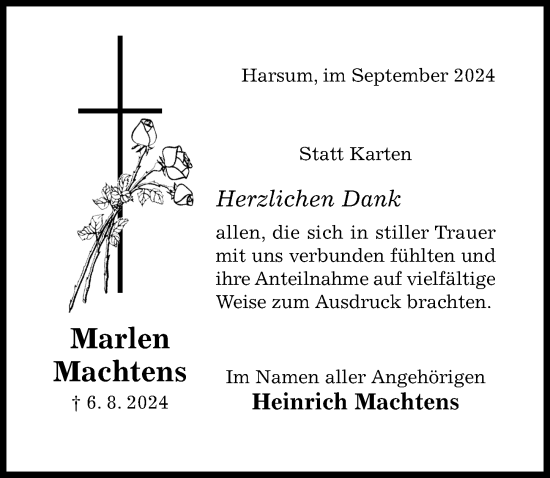 Traueranzeige von Marlen Machtens von Hildesheimer Allgemeine Zeitung