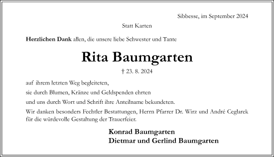 Traueranzeige von Rita Baumgarten von Hildesheimer Allgemeine Zeitung