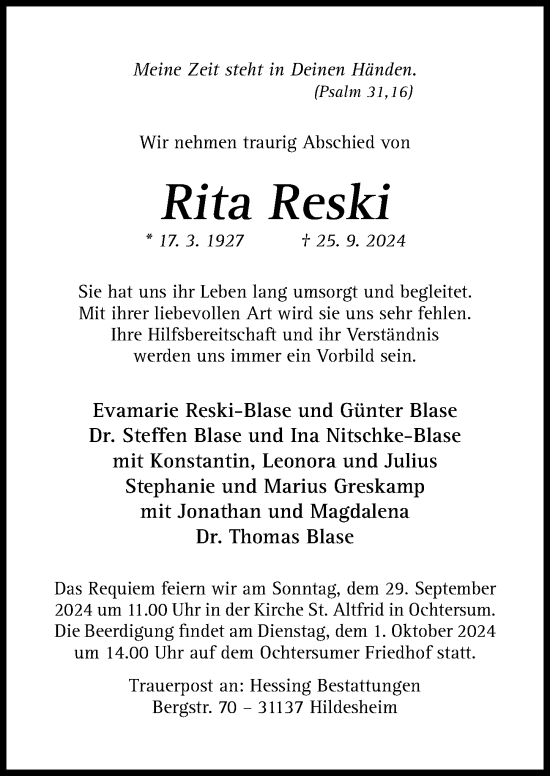 Traueranzeige von Rita Reski von Hildesheimer Allgemeine Zeitung