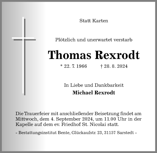 Traueranzeige von Thomas Rexrodt von Hildesheimer Allgemeine Zeitung