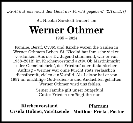 Traueranzeige von Werner Othmer von Hildesheimer Allgemeine Zeitung