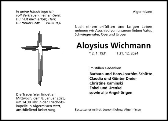 Traueranzeige von Aloysius Wichmann von Hildesheimer Allgemeine Zeitung
