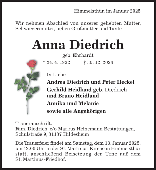 Traueranzeige von Anna Diedrich von Hildesheimer Allgemeine Zeitung