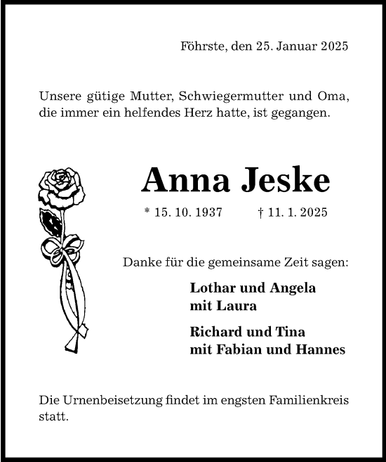 Traueranzeige von Anna Jeske von Hildesheimer Allgemeine Zeitung